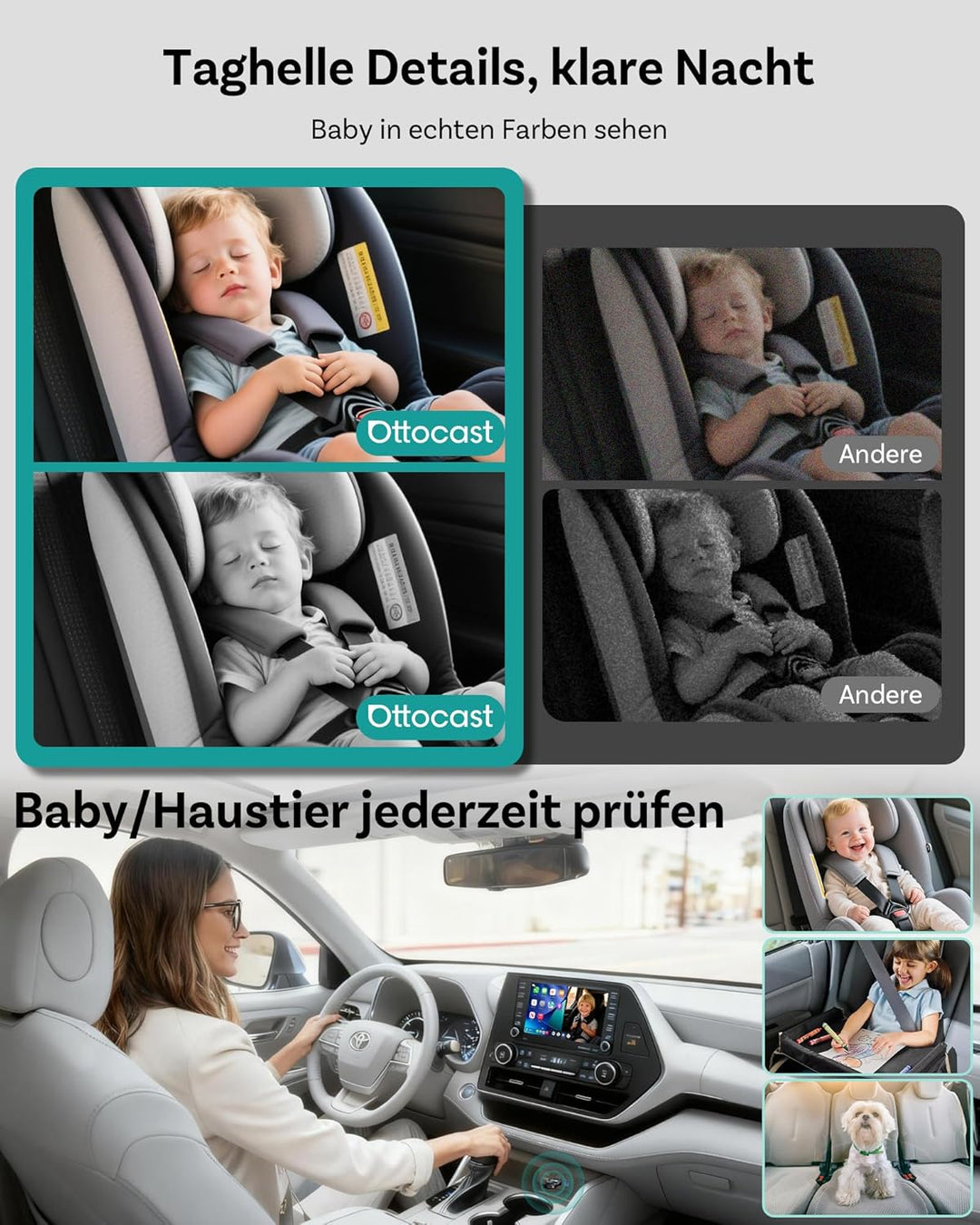 Ottocast Cabin Care CarPlay Adapter 2026, Ottocast Mini 1080P Rücksitz Kamera, USB-A Plug & Play, Nu