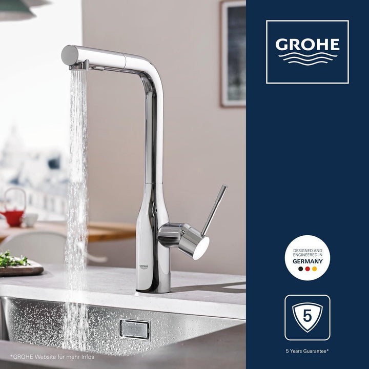 GROHE Essence - Einhand-Spültischbatterie (herausziehbare Dual Spülbrause, Schwenkbereich 360°, Einl