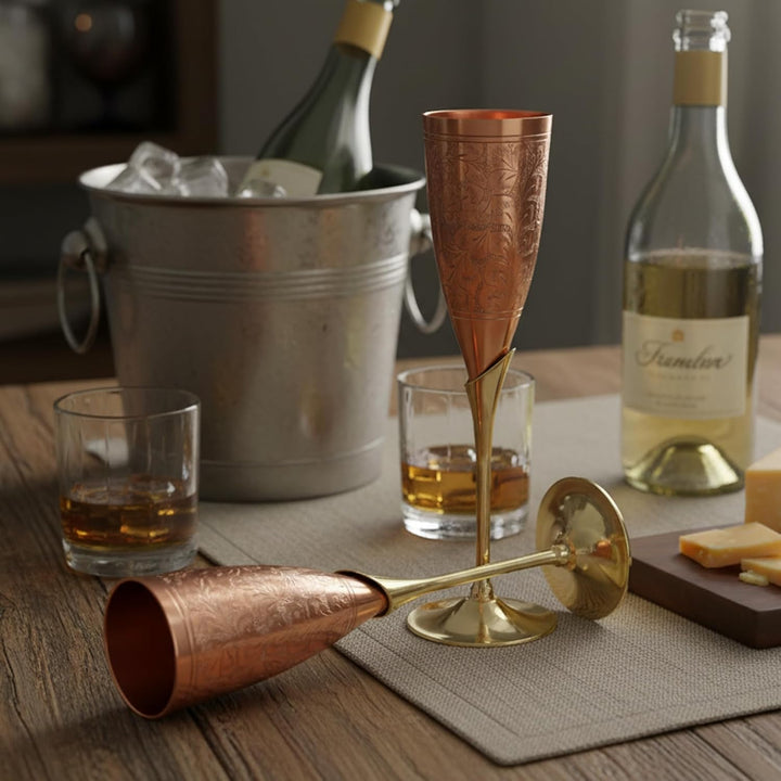 StonKraft Graviertes Messing-Becher-Set für Champagnergläser, Flöten, Coupes, Weinglas-Set (schlanke