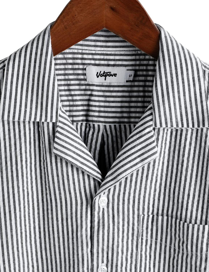 VATPAVE Herren Gestreifte Sommerhemd Casual Button Down Kurzarm Strand HawaiiHemd S Schwarz, S Schwa