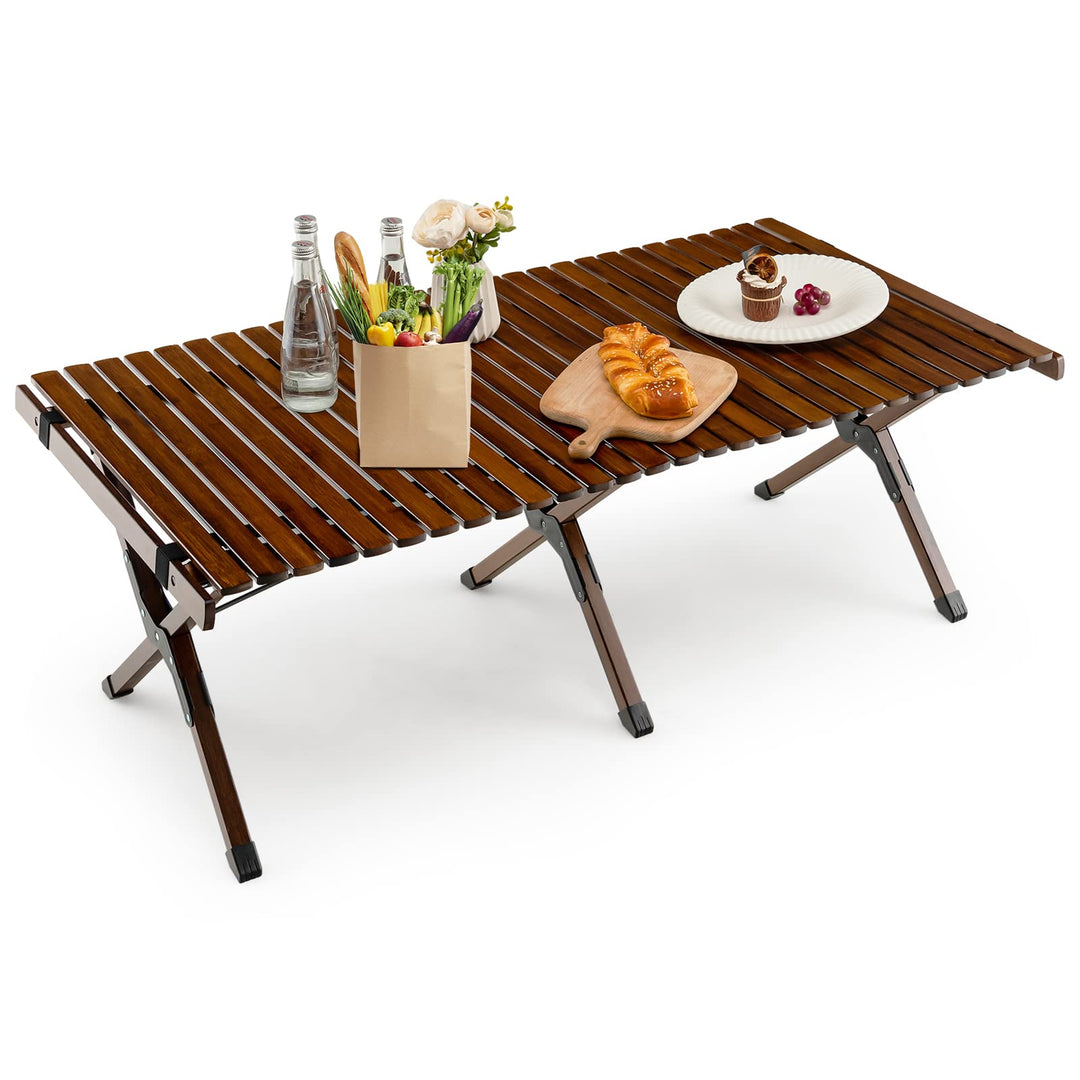 GYMAX Bambus Campingtisch Klappbar Roll-Up Klapptisch 122 x 60 x 43 cm für 4-6 Personen Falttisch mi
