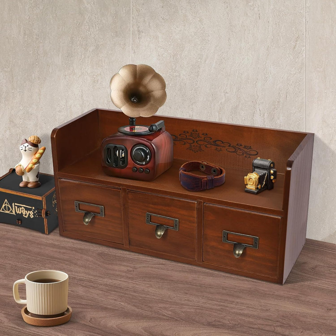Holz Schubladenbox Vintage Schreibtisch Organizer Mit 3 Schubladen 38,5x14,5x18,5cm Aufbewahrungsbox