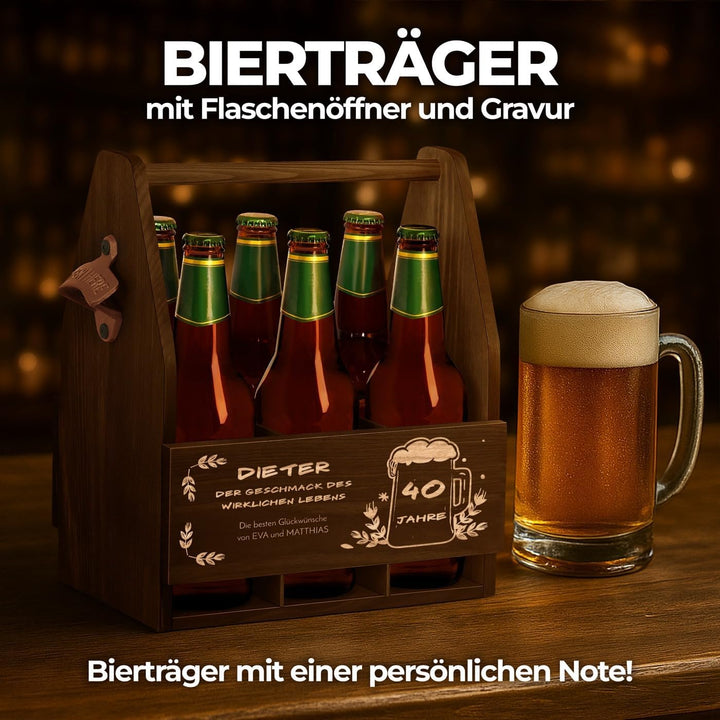Maverton Bierträger für 6 Flaschen 0,5L + Gravur - Männerhandtasche mit Flaschenöffner - Grösse: 25x