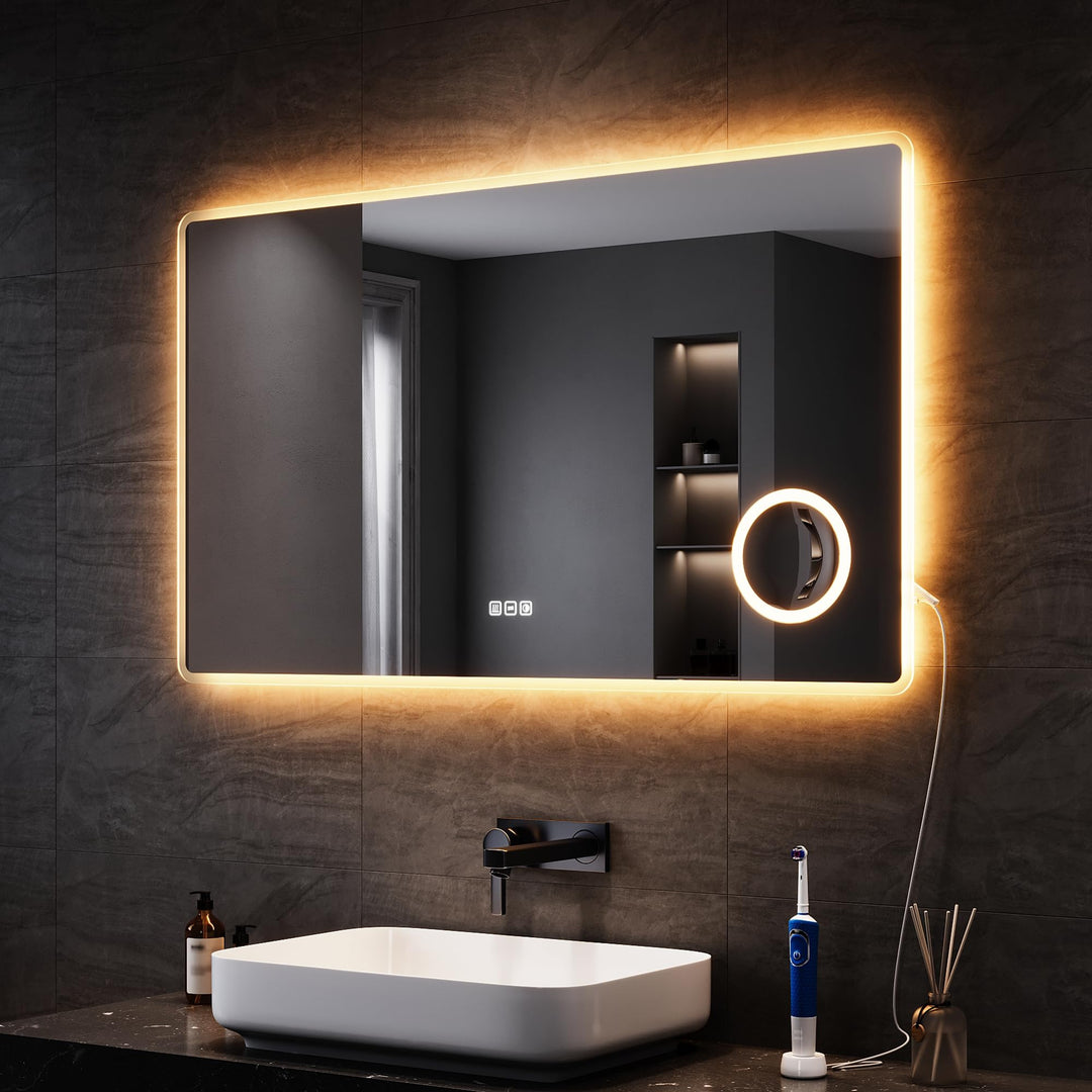 SONNI LED Badspiegel mit Steckdose 120x70 cm, Badezimmerspiegel mit Beleuchtung, Touchschalter, 3 ei
