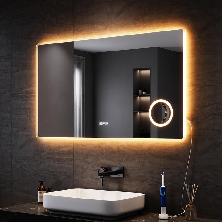 SONNI LED Badspiegel mit Steckdose 120x70 cm, Badezimmerspiegel mit Beleuchtung, Touchschalter, 3 ei