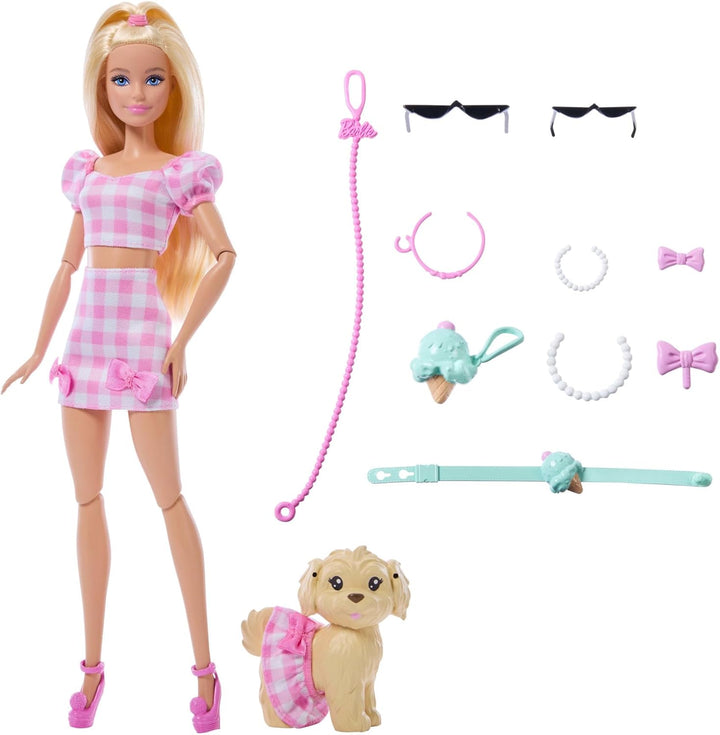 Barbie Twinning Looks Puppe mit Hündchen im Partnerlook mit rosa Gingham-Outfits und Accessoires wie