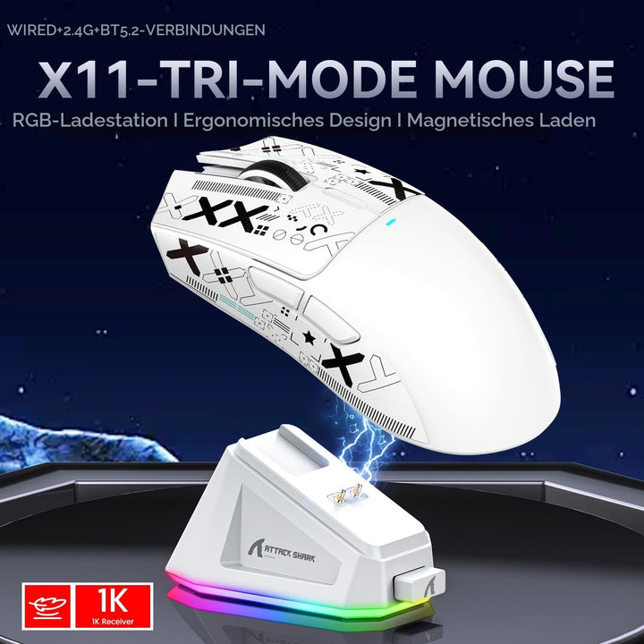 ATTACK SHARK X11 Gaming mit Magnetic Charging Dock, PixArt PAW3311 Sensor, BT/2.4G Wireless/Wired Mo