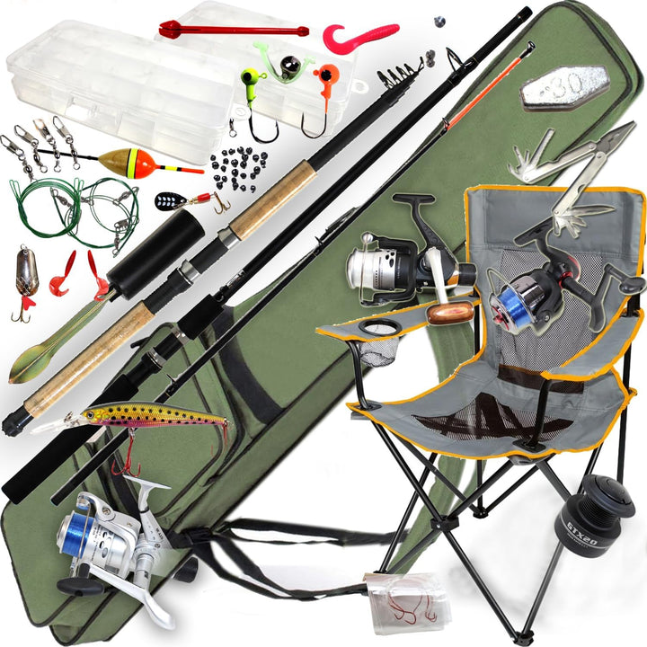 ANGELSET Vario KOMPLETT Set | 2X Angelrute + 3X Rolle + Angelstuhl + Köder-Box für die Angeltasche +