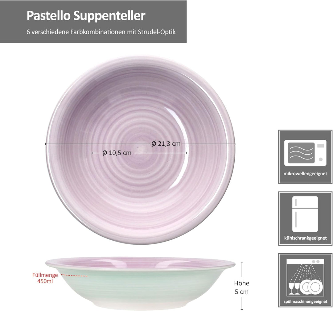 MamboCat Pastello 6er Set Suppenteller I 450 ml I bunte Steingut-Teller mit Pastell-Farben für 6 Per