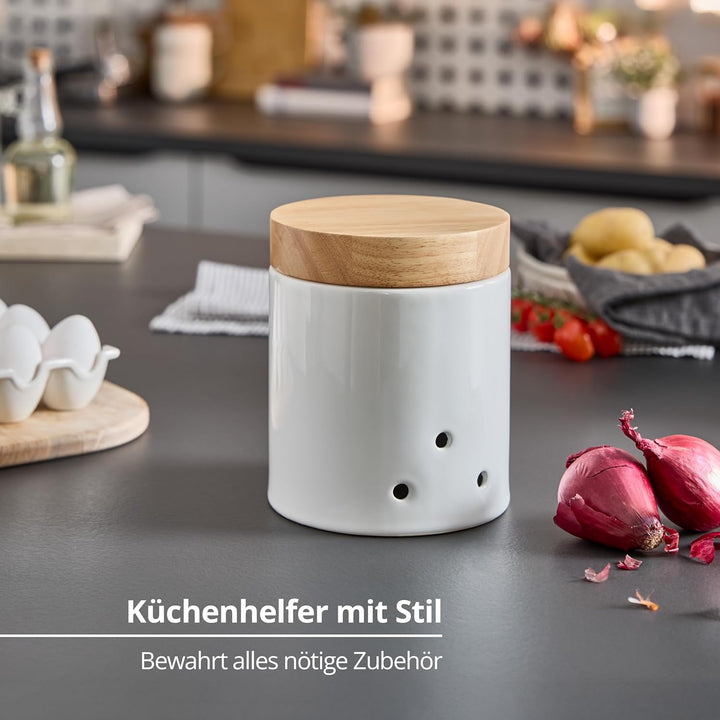 KHG Zwiebel- & Knoblauch Aufbewahrung, Vorratsdosen Keramik Steingut Weiss Holz-Deckel Bambus rund,