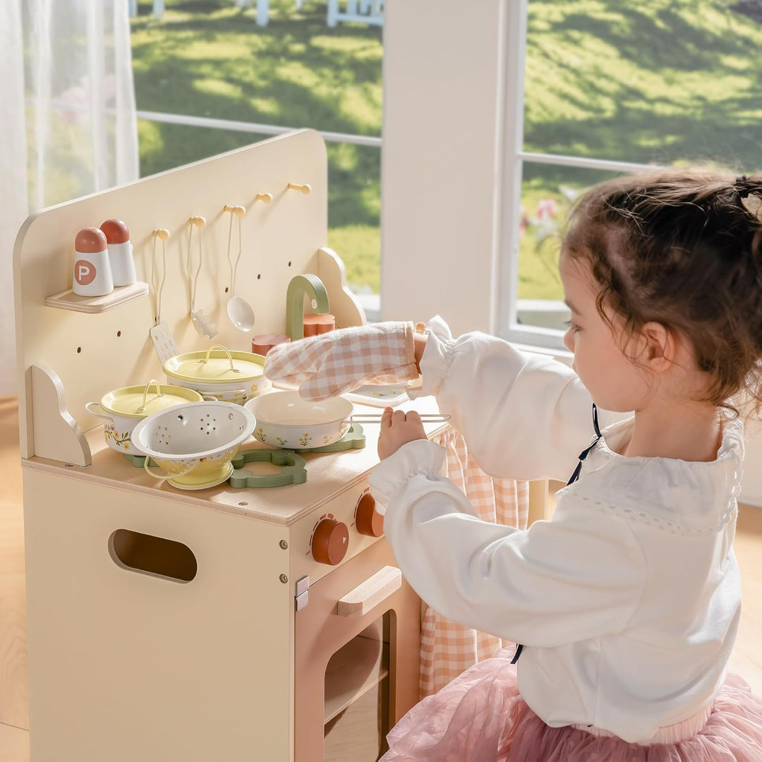 ROBOTIME Metallische Spiel-Kochtöpfe und Pfannen für Kinder, Blech-Kochutensilien im Pretend-Spiel,