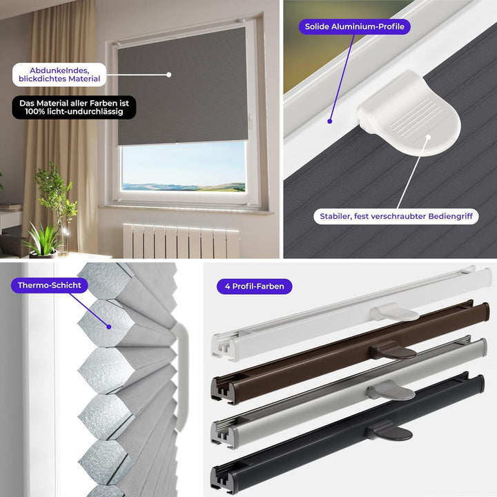 SchattenFreude Thermo-Waben-Plissee nach Mass für Fenster & Tür | Mit Klemmhaltern, Klemmfix | Black