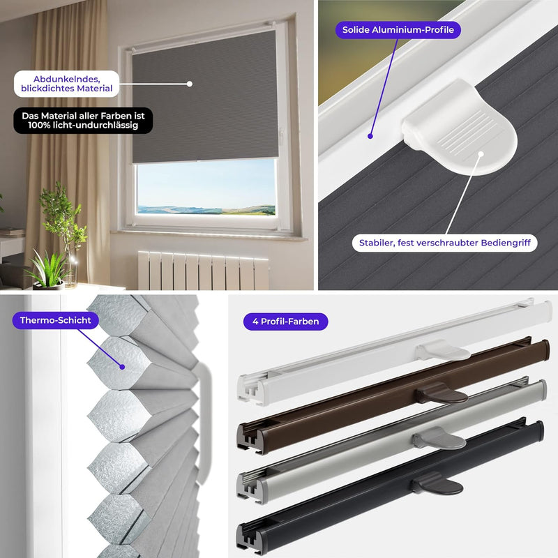 SchattenFreude Thermo-Waben-Plissee nach Mass für Fenster & Tür | Mit Klemmhaltern, Klemmfix | Black