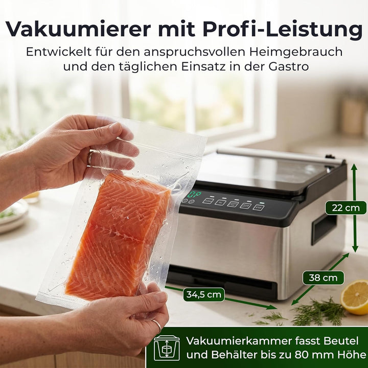 KLAMER Vakuumiergerät Kammer Edelstahl, 98 kPa Profi Kammervakuumierer, Marinier-Funktion, Feuchte L