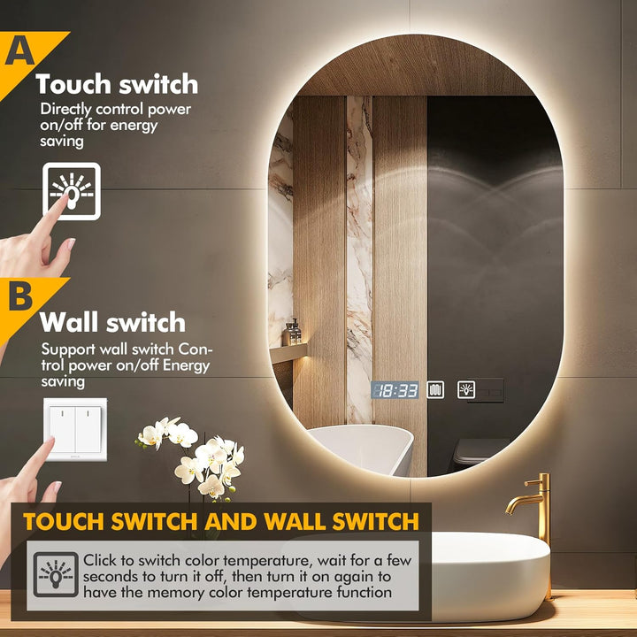 Badspiegel mit Beleuchtung, 50×75 cm LED Badezimmer Wandspiegel, Badezimmerspiegel mit Licht | Touch