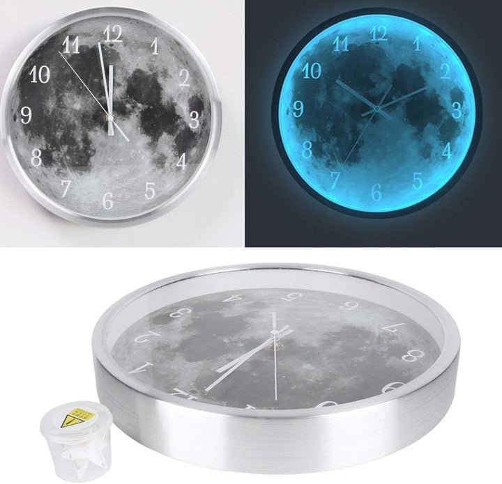 Natudeco LED-Nachtlicht-Wanduhr zum Aufhängen, Leuchten, leise Uhr, silberfarben, runde Uhr, batteri