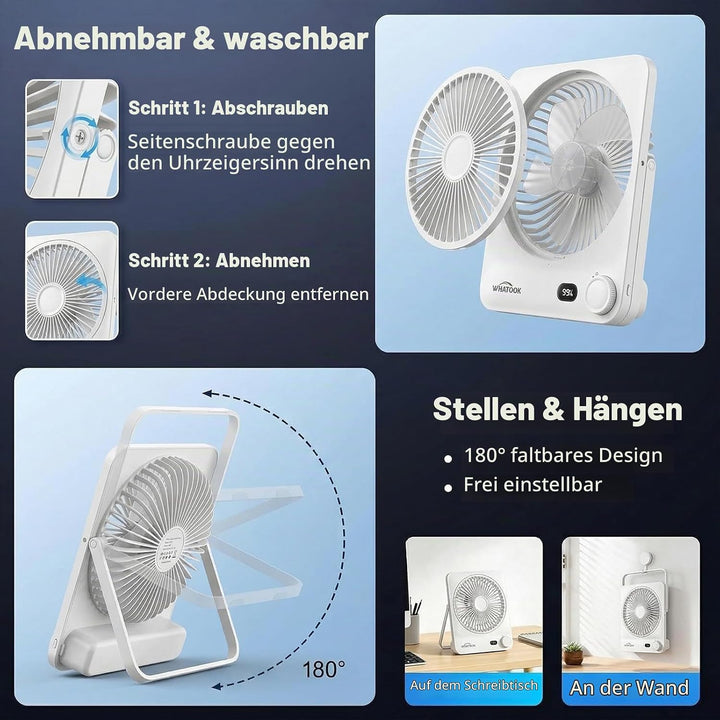 Akku Ventilator 10000mAh 40H mit 100 Stufen: Stufenlos Regulierbarer Tischventilator leise mit Wandh