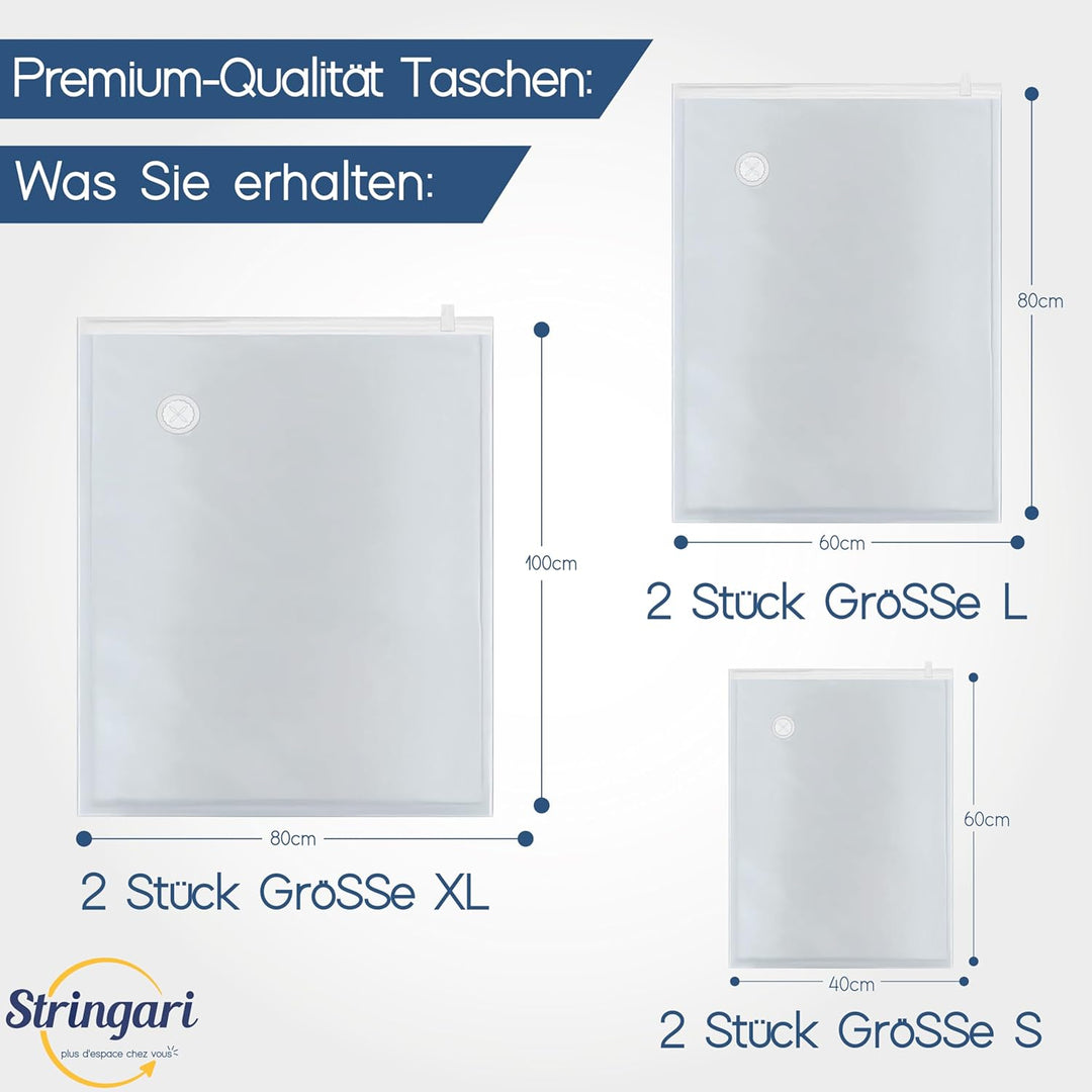 Stringari Vakuumbeutel für Kleidung Staubsauger 6er Set 2 XL 100x80 2 L 80x60 2 S 60x40 Vakuumbeutel