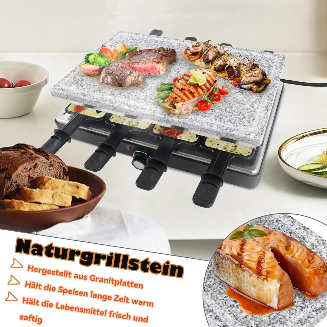Froadp Raclette Grill mit Naturgrillstein und Grillplatte Antihaftbeschichtung Tischgrill Elektrisch