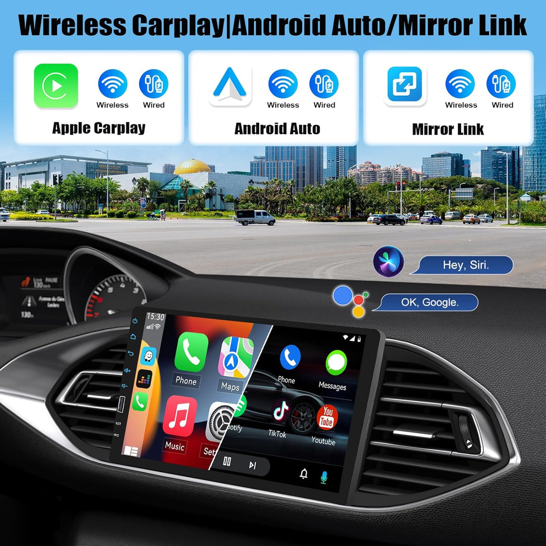 CAMECHO Autoradio 1 Din mit Wireless Carplay Android Auto 9 Zoll Bildschirm Bluetooth Radio Touch Di