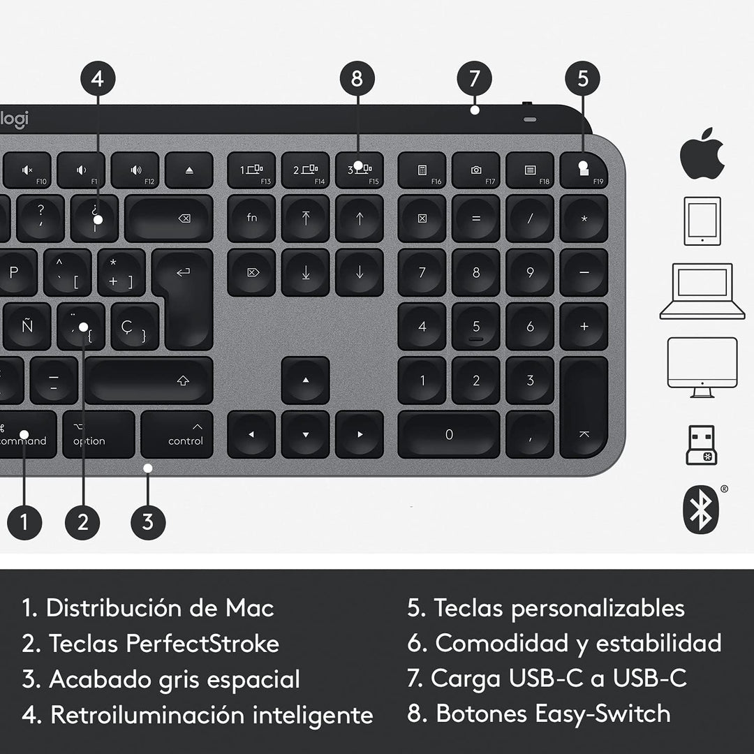 Logitech MX Keys for Mac – Fortschrittliche hintergrundbeleuchtete kabellose Tastatur, Spanisches QW