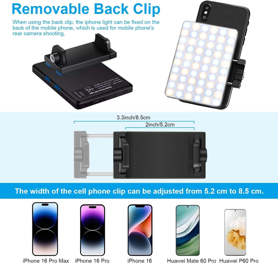 Selfie Licht mit 60 LED Lampenperlen, 3000-6500K 3 Lichtmodi Handylicht, 2000mAh Akku LED Video Lich