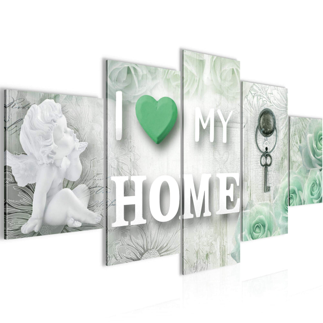 Runa Art Wandbilder Home Herz 5 Teilig Bild auf Vlies Leinwand Deko Wohnzimmer Holz Grau Grün 026252