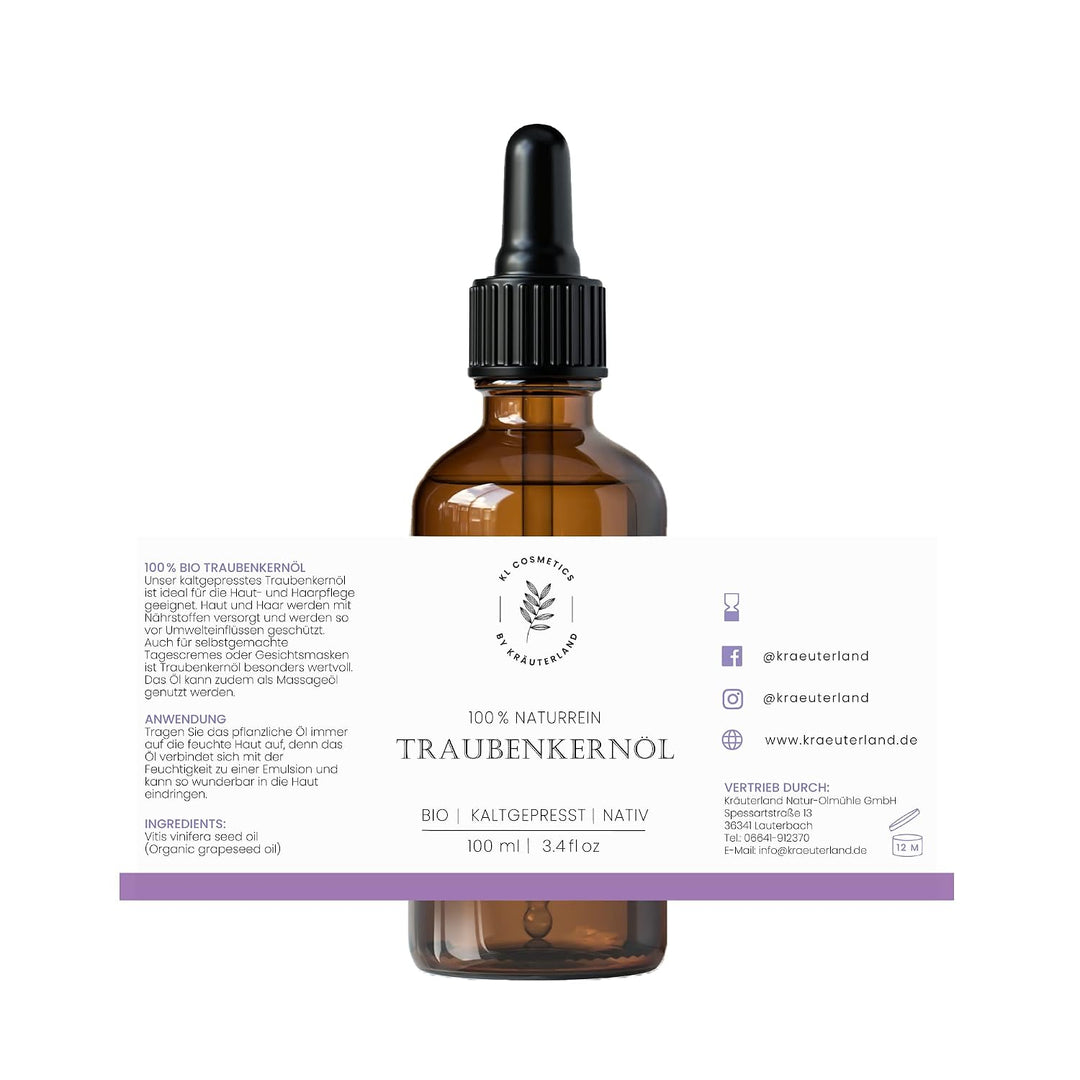 Kräuterland - Traubenkernöl Bio Hautöl 100ml - 100% rein, kaltgepresst - Pflege für Gesicht, Körper,