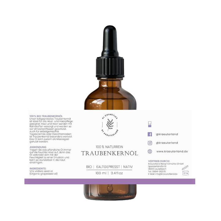 Kräuterland - Traubenkernöl Bio Hautöl 100ml - 100% rein, kaltgepresst - Pflege für Gesicht, Körper,