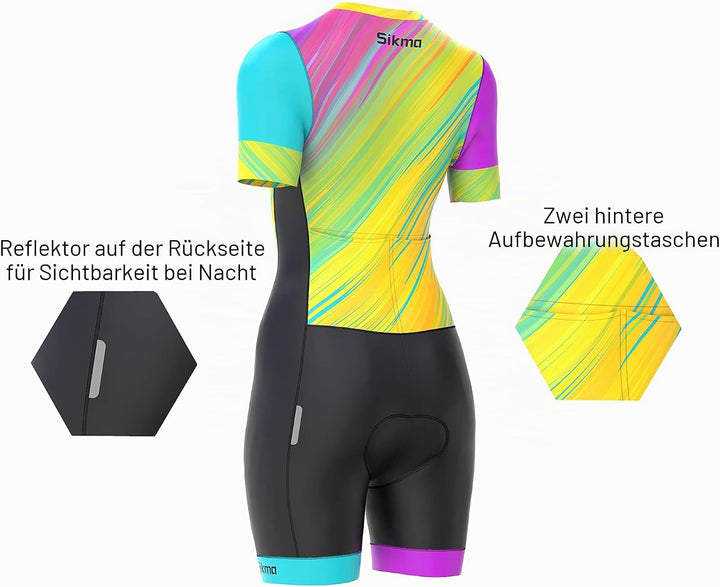 Radsport-Skinsuit für Damen, gepolstert, einteilig, Trisuit, Bike-Top, kurz, sublimiertes Design, Tr