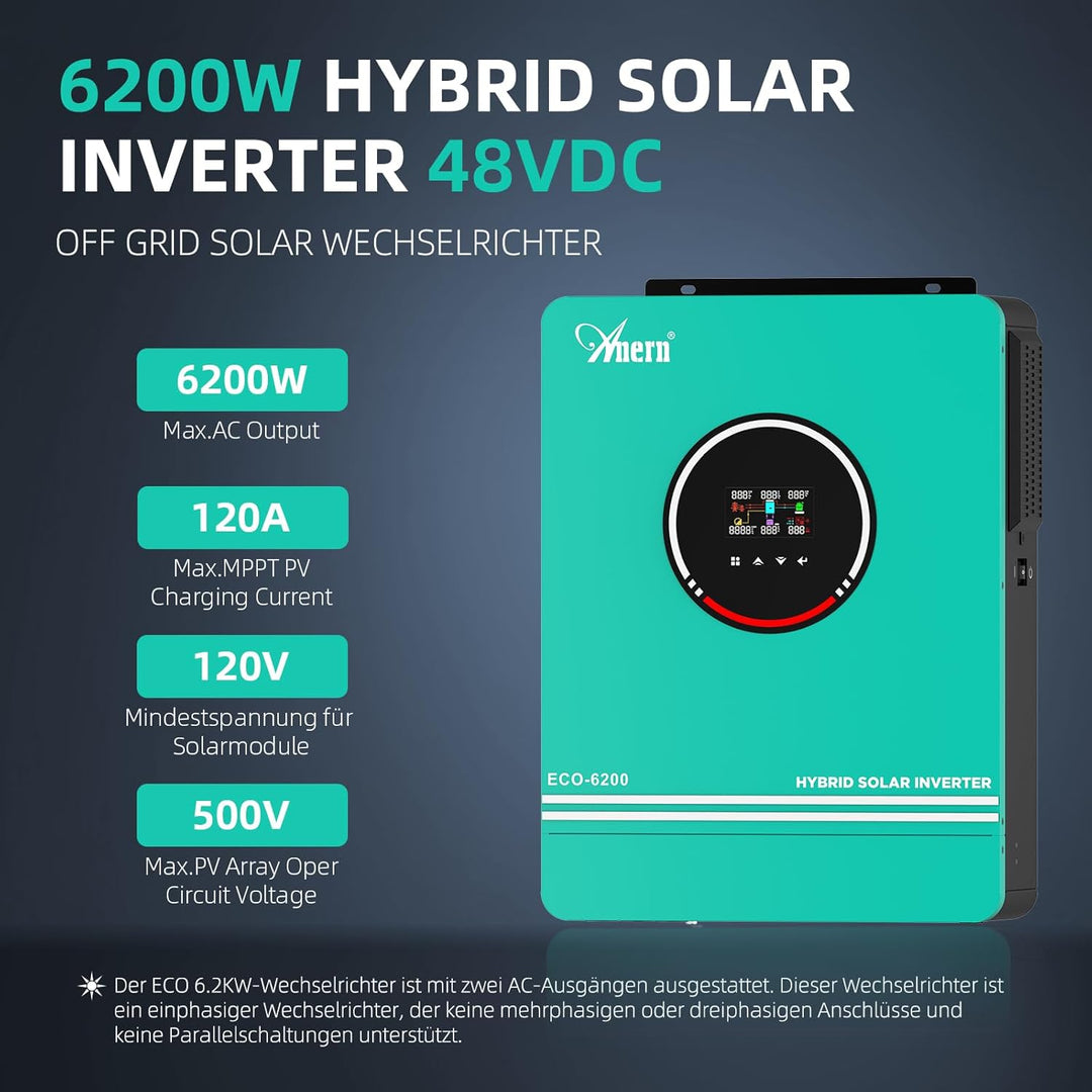 Anern 6200W Hybrid Wechselrichter Solar 48VDC mit WiFi Modul bis 220V/230V mit 120A MPPT Solarregler