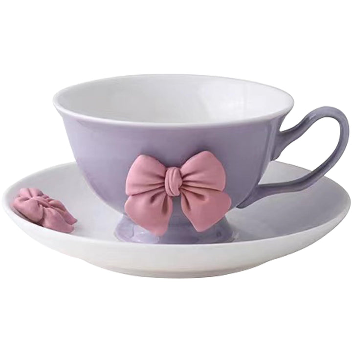 200 ML Kaffeetassen Set mit Untertasse Keramik Tasse mit Schleife und Henkel Violett Rosa Schleife K