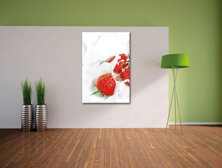 Pixxprint Erdbeeren Erdbeermilch als Leinwandbild/Grösse: 100x70 / Wandbild/Kunstdruck/fertig bespan