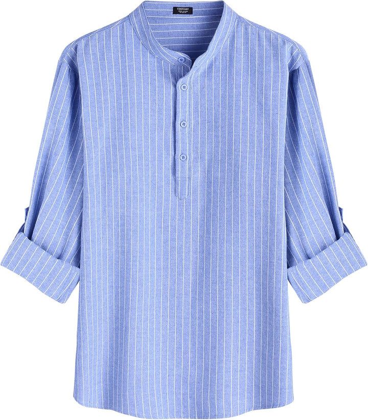 COOFANDY Hemd Herren Langarm Leinenhemd Baumwolle Henley Shirt Casual Regular Fit Sommerhemd XL Blau