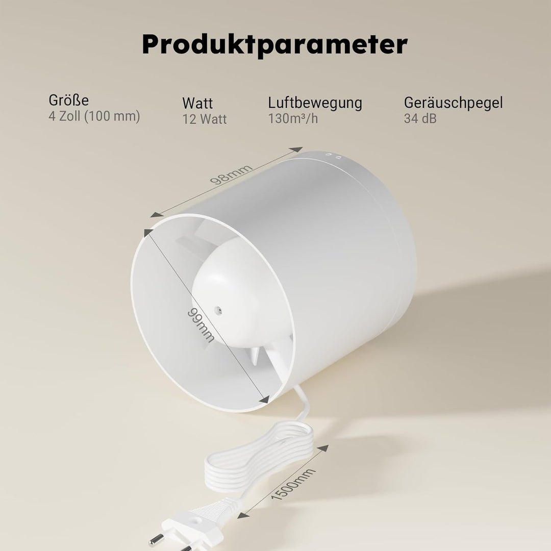 Kanal Rohrventilator,Inline-Abluftventilator 100 mm,135 m³/h,Hohe Qualität,Leise,Für Bad,WC,Küche,Ge