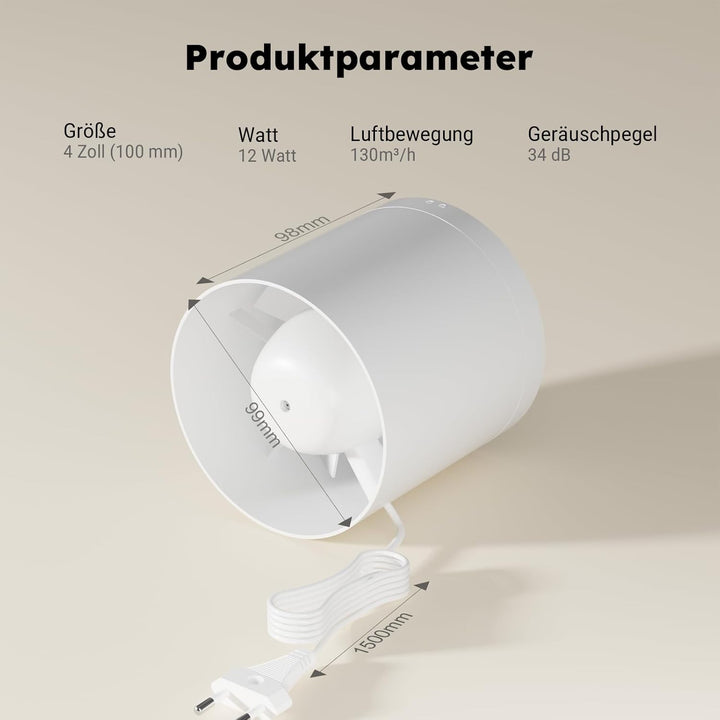 Kanal Rohrventilator,Inline-Abluftventilator 100 mm,135 m³/h,Hohe Qualität,Leise,Für Bad,WC,Küche,Ge