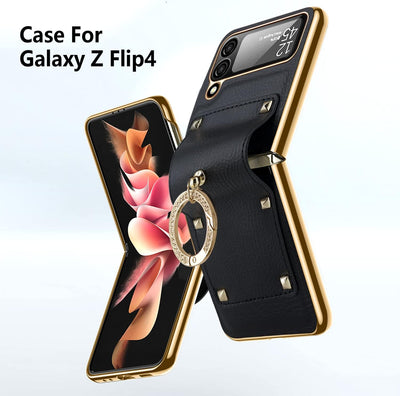 COQUE Hülle für Galaxy Z Flip 4,Schutzfolie Shell All-in-One Leder All-Inclusive Handyhülle mit Ring