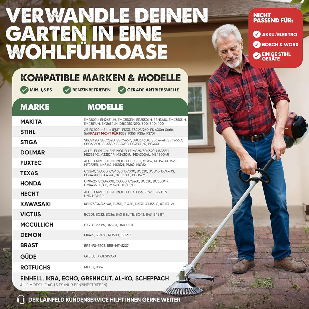 LAINFELD Unkrautbürste für Freischneider & Motorsense | Universelle Passform inkl. Adapter | Unkraut