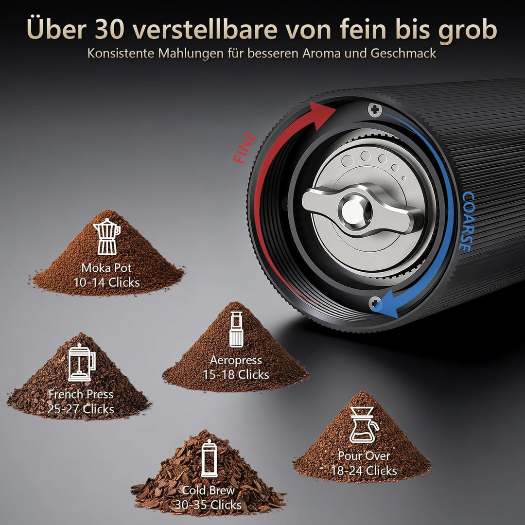 Manuelle Kaffeemühle, Handkaffeemühle mit 30 Einstellbaren Stufen, Kaffeemühle Manuell mit Edelstahl
