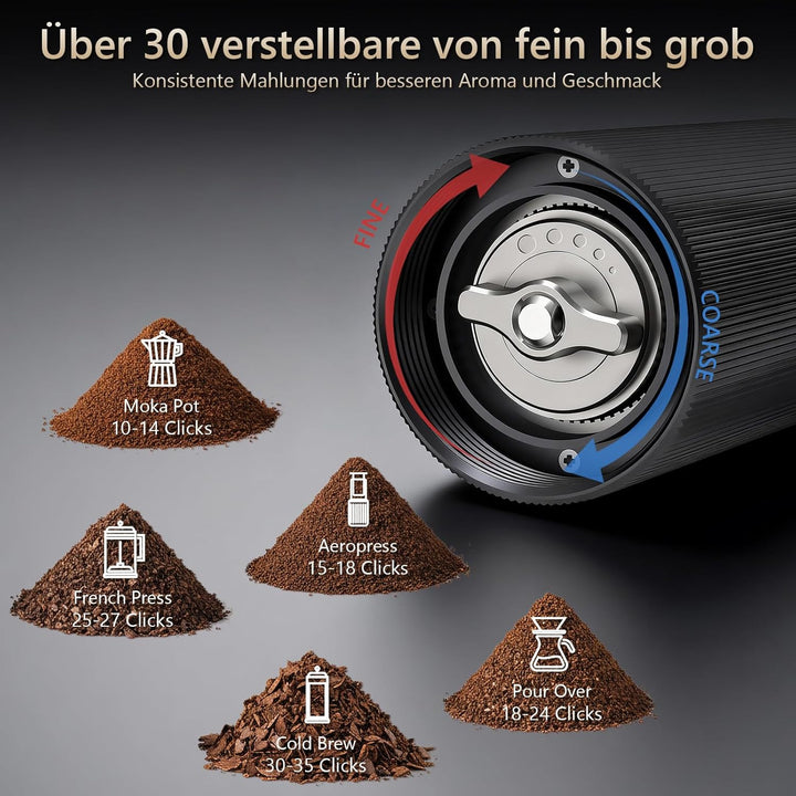 Manuelle Kaffeemühle, Handkaffeemühle mit 30 Einstellbaren Stufen, Kaffeemühle Manuell mit Edelstahl