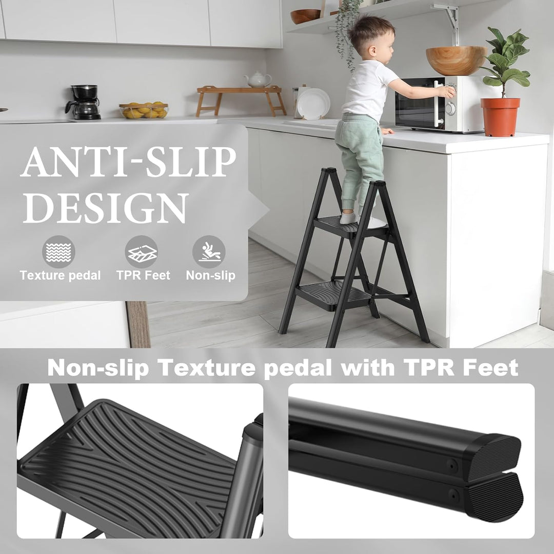 HBTower Trittleiter 2 Stufen Klappbar, Leiter mit breitem Anti-Rutsch-Pedal, Tritthocker mit 150kg K