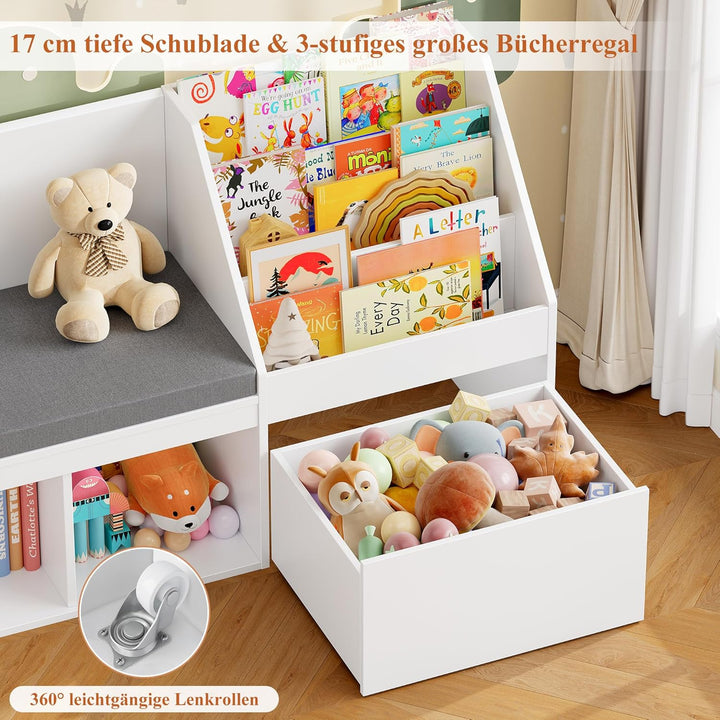 HOCSOK Kinderregal, Bücherregal Kinder mit Boxen auf Rollen, Spielzeugregal Kinderregal Aufbewahrung
