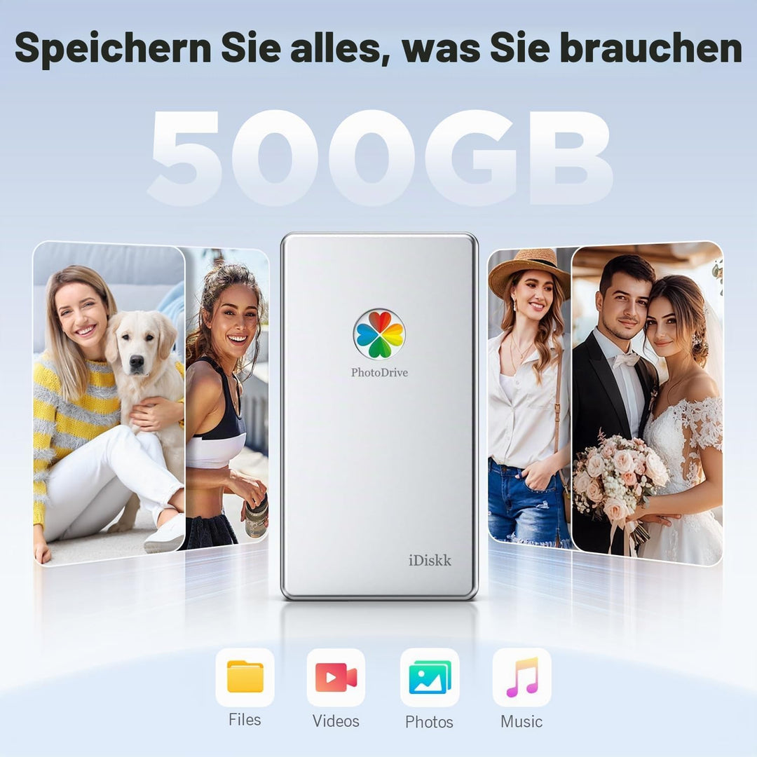 iDiskk 500 GB MFi-zertifizierte tragbare 3-in-1-Festplatte, mit 3 integrierten Kabeln, zur Datensich