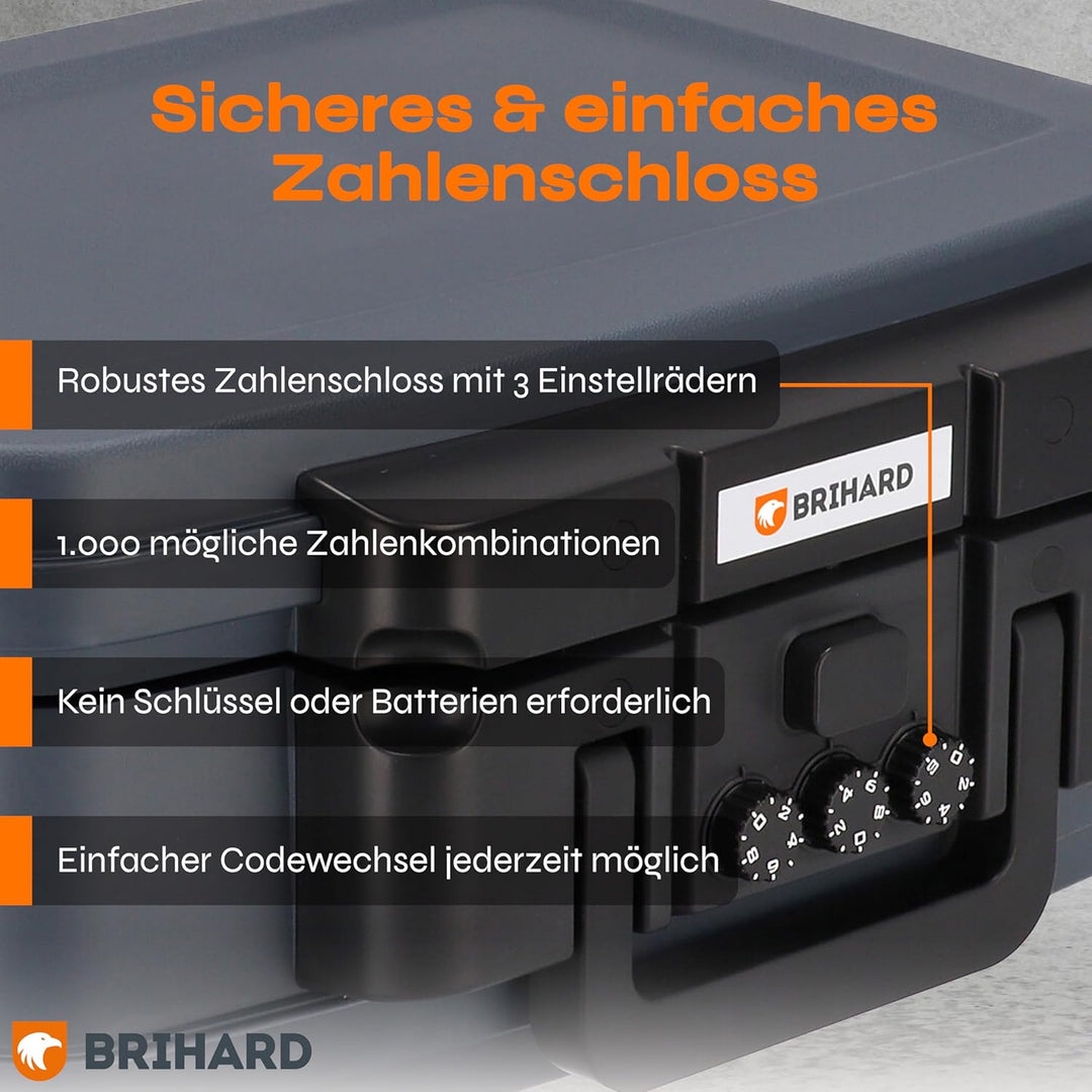 Brihard zertifizierte Dokumentenkassette 2117N, A5 - wasserdichte & feuerfeste Dokumentenbox mit Zah