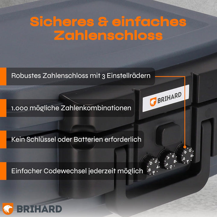 Brihard zertifizierte Dokumentenkassette 2117N, A5 - wasserdichte & feuerfeste Dokumentenbox mit Zah