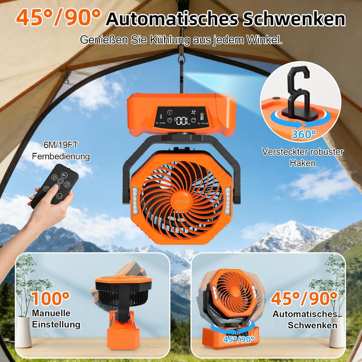 ELZO 20000mAh Camping Ventilator, Wiederaufladbarer Tischventilator USB Ventilator mit LED Licht & H