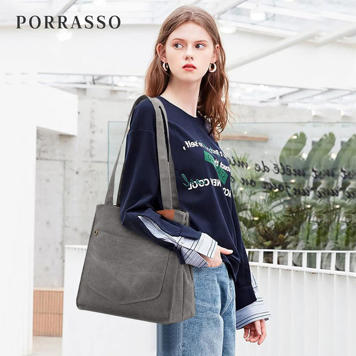 PORRASSO Segeltuch Schultertasche Damen Handtasche Mädchen Tote Bag Shopper Henkeltasche für Schule