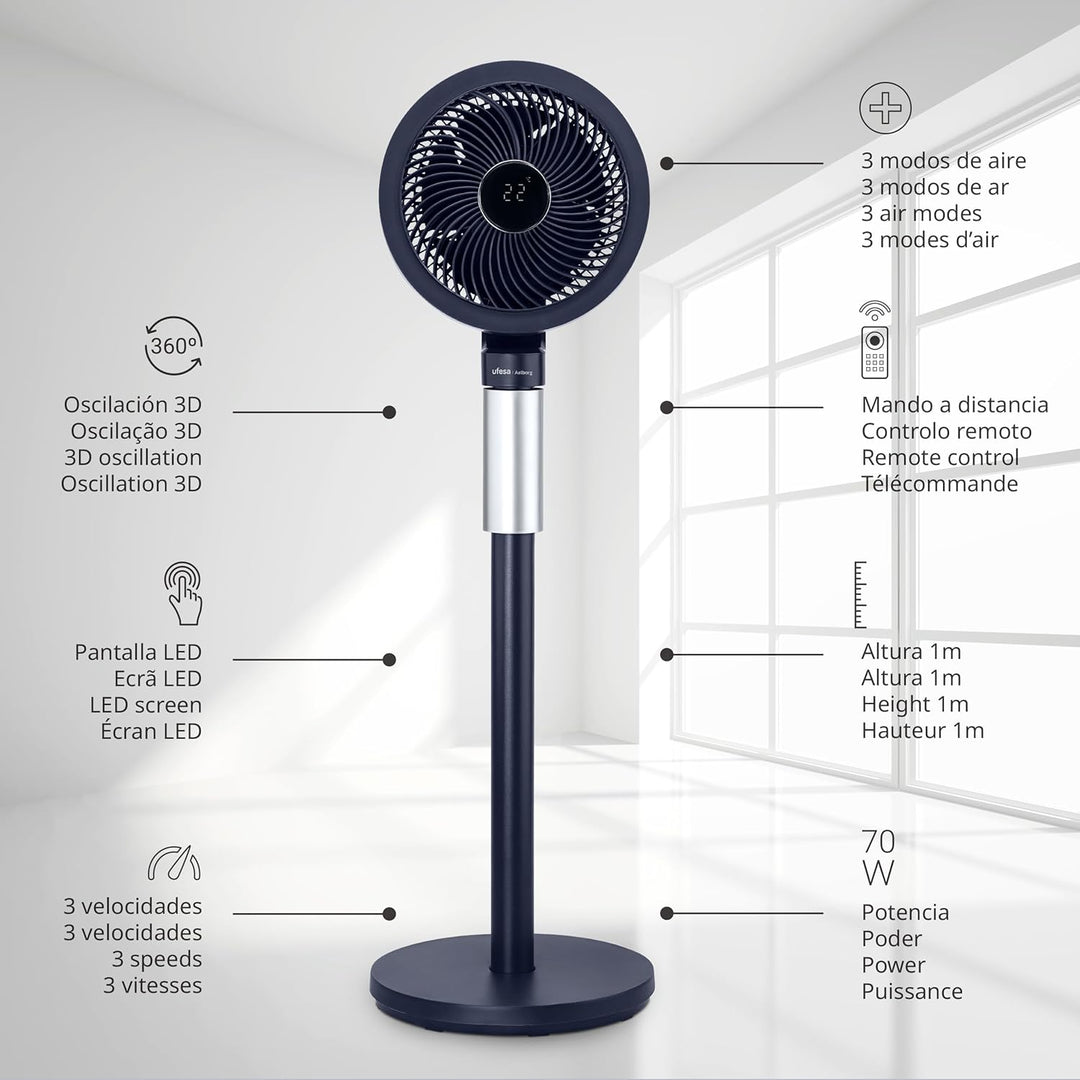 Ufesa 3D70 Umluftventilator ventilator mit 360º 3D-Oszillation, multidirektional, 70W, 3 Geschwindig