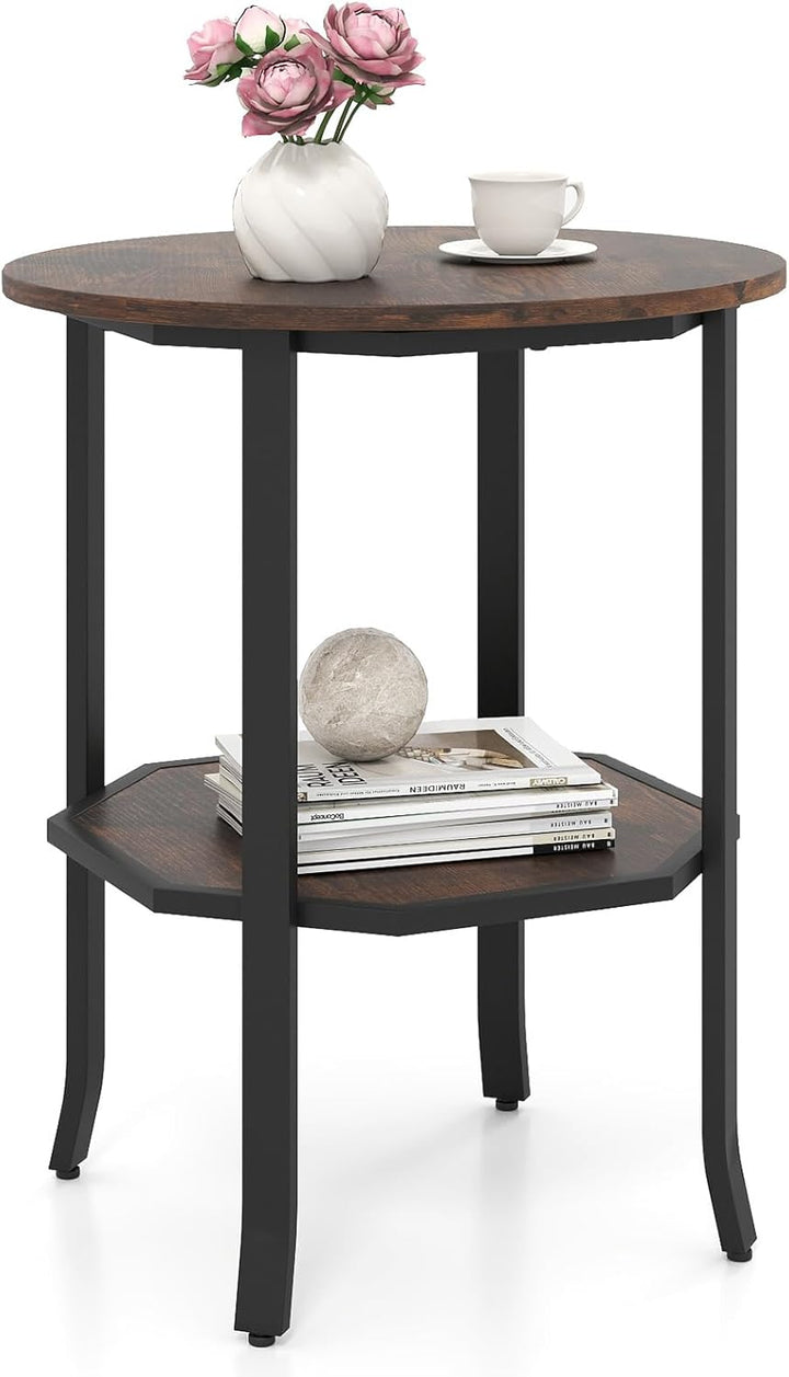 COSTWAY Runder Beistelltisch, 2-stufiger Sofatisch mit offenem Regal, industrieller Wohnzimmertisch,