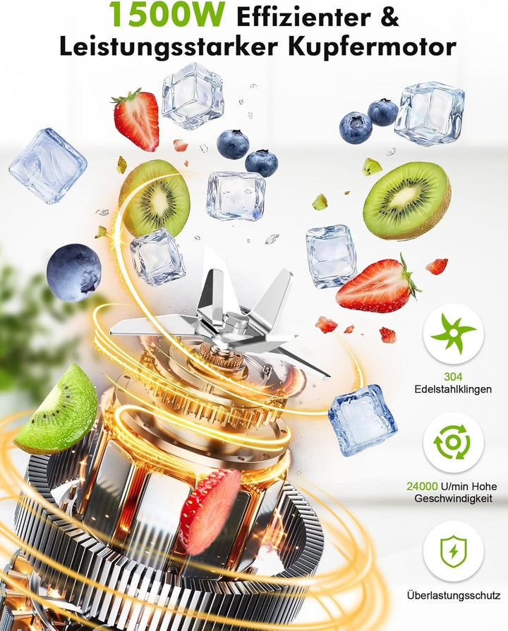 Mixer, Smoothie Maker, Standmixer, 1500 Watt Hochgeschwindigkeits Mixer Smoothie Maker mit 1,5L Glas